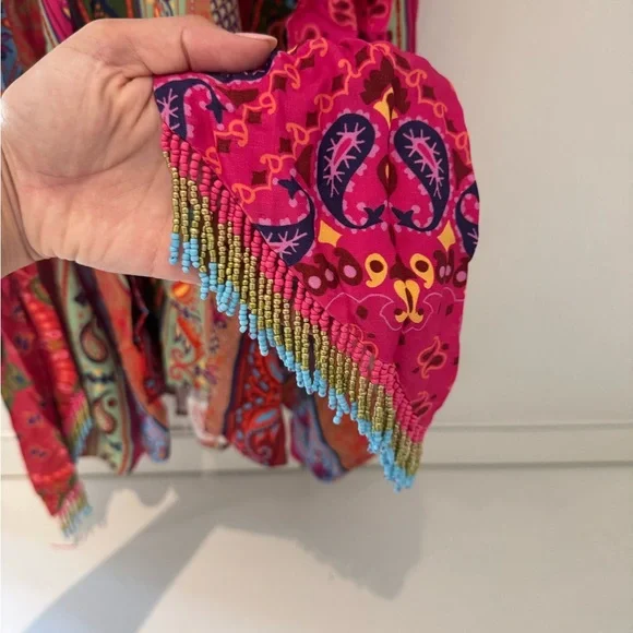 Farm Rio Colorful Floral Bandana Beaded Belt Waist Midi Dress size S - Picture 8 of 10